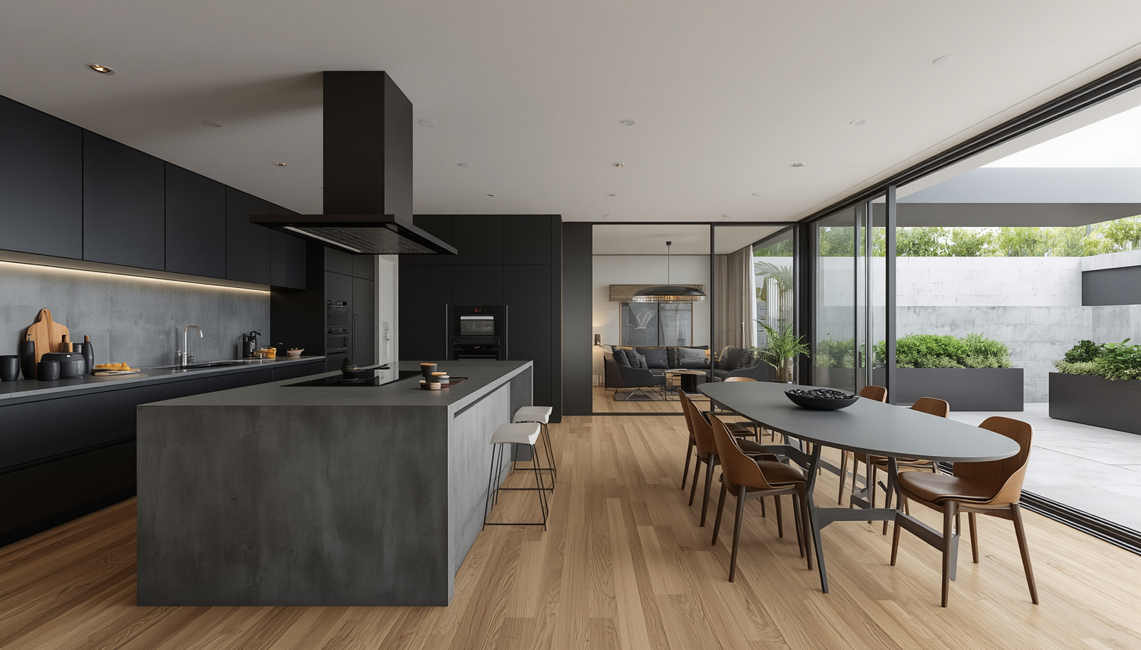 Box Modern kitchen render with the confirmed flooring, countertop, cabinetry, cooktop and mixer